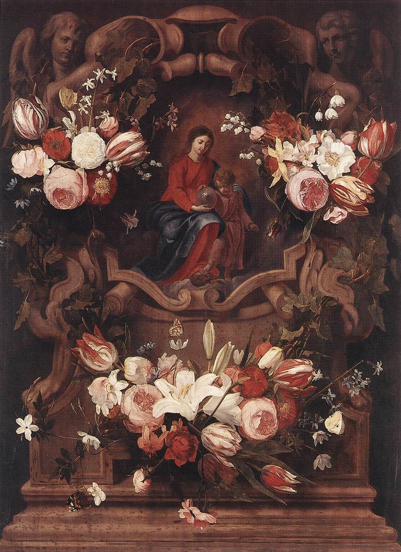 Coroa de flores com a Virgem e o Menino