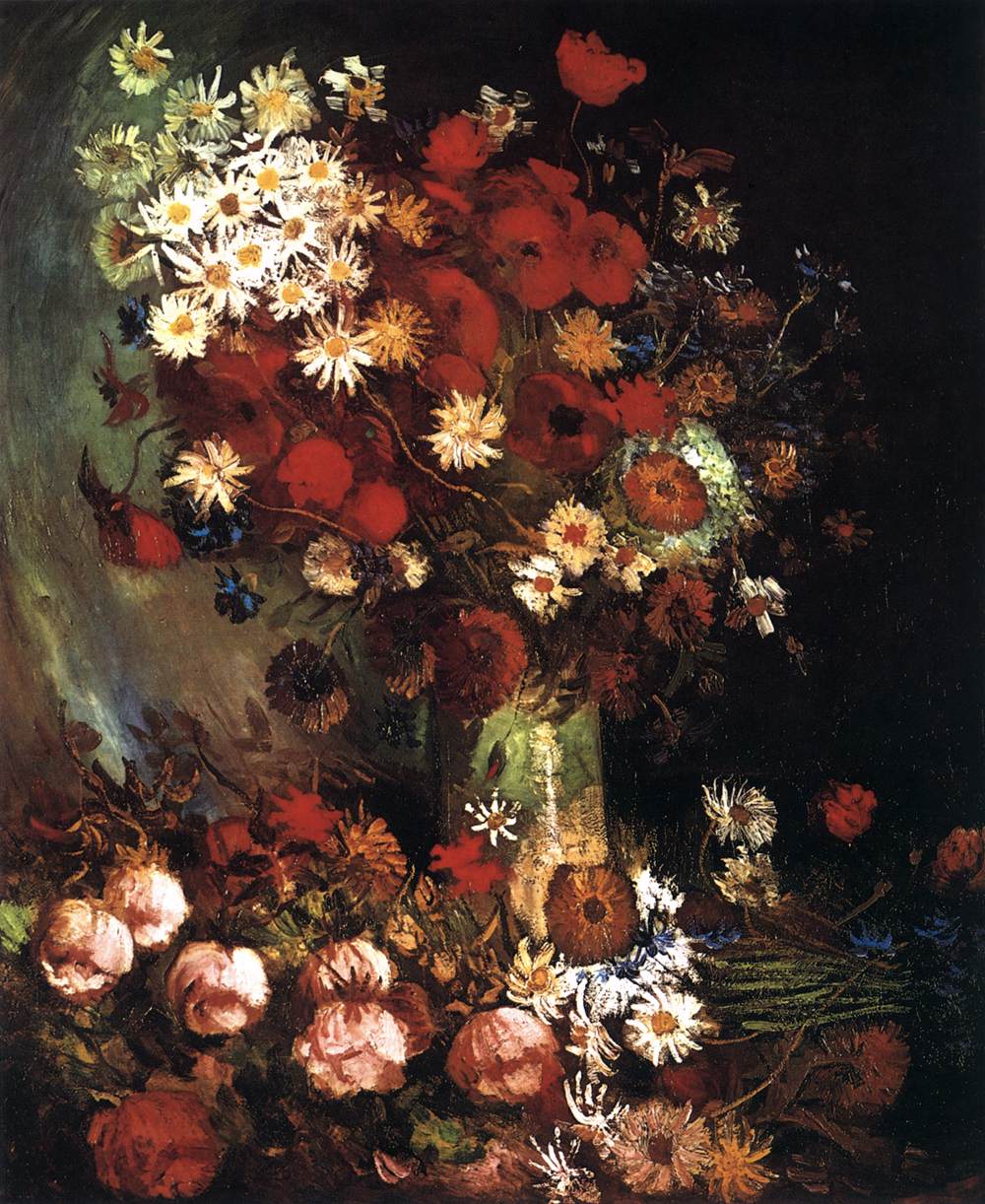 Jarrón mit Mohn, Maisblumen, Pfingstrosen und Chrysanthemen