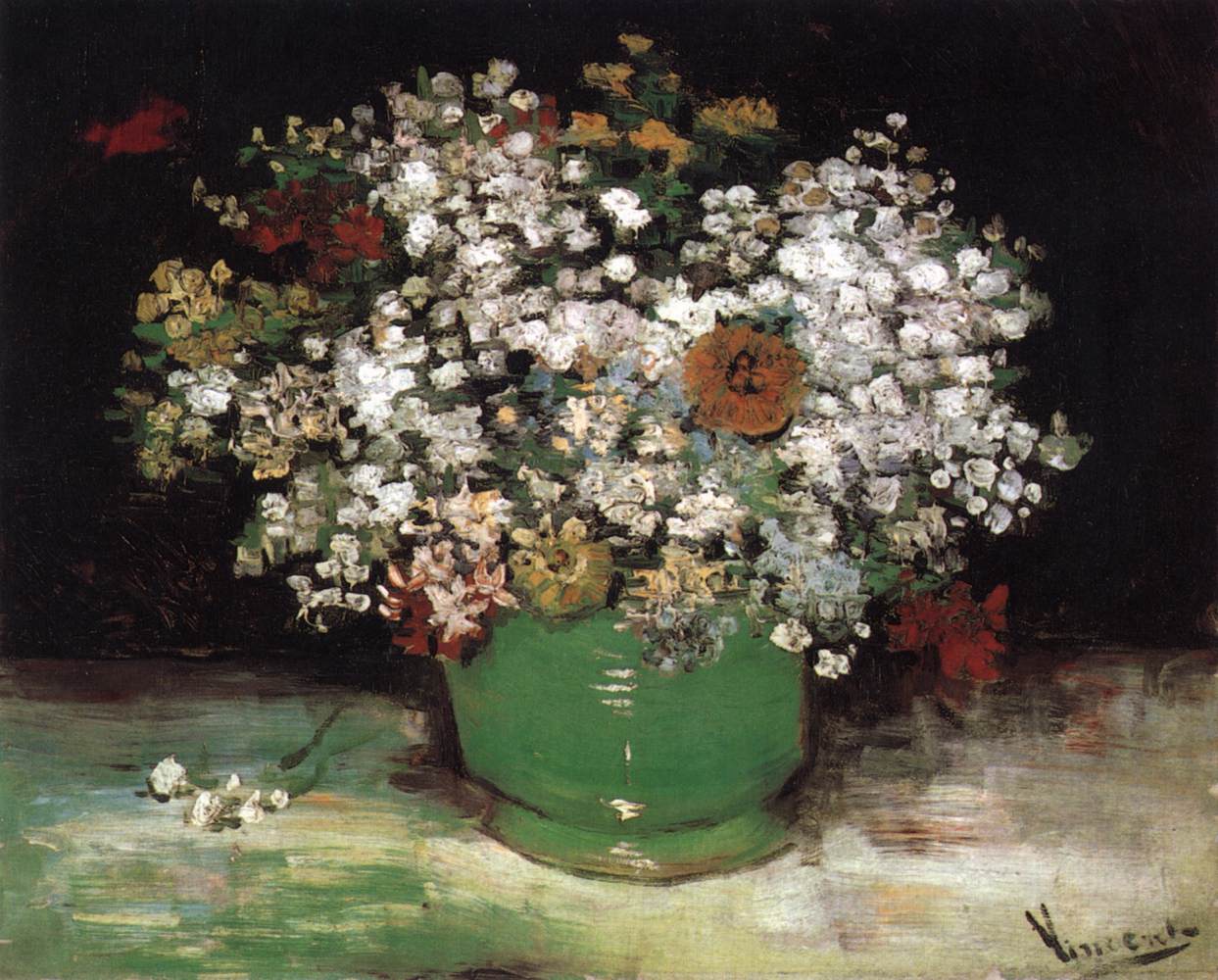 Vase with Zinnias and Other Flowers