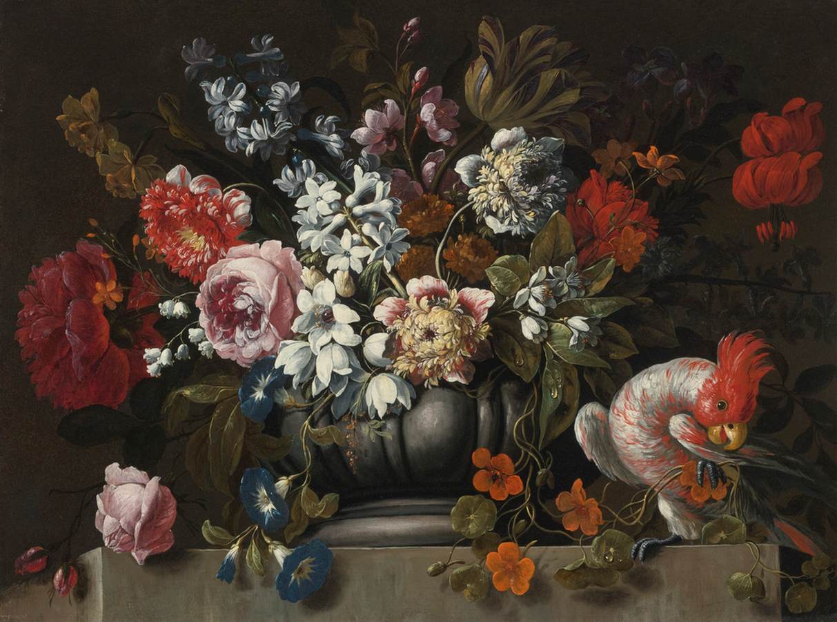 Still Life of Flowers in a Stone Urn with a Parrot