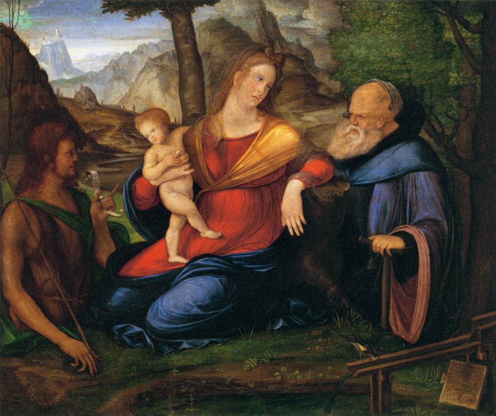 De maagd en het kind geflankeerd door San Juan Bautista en San Antonio Abad