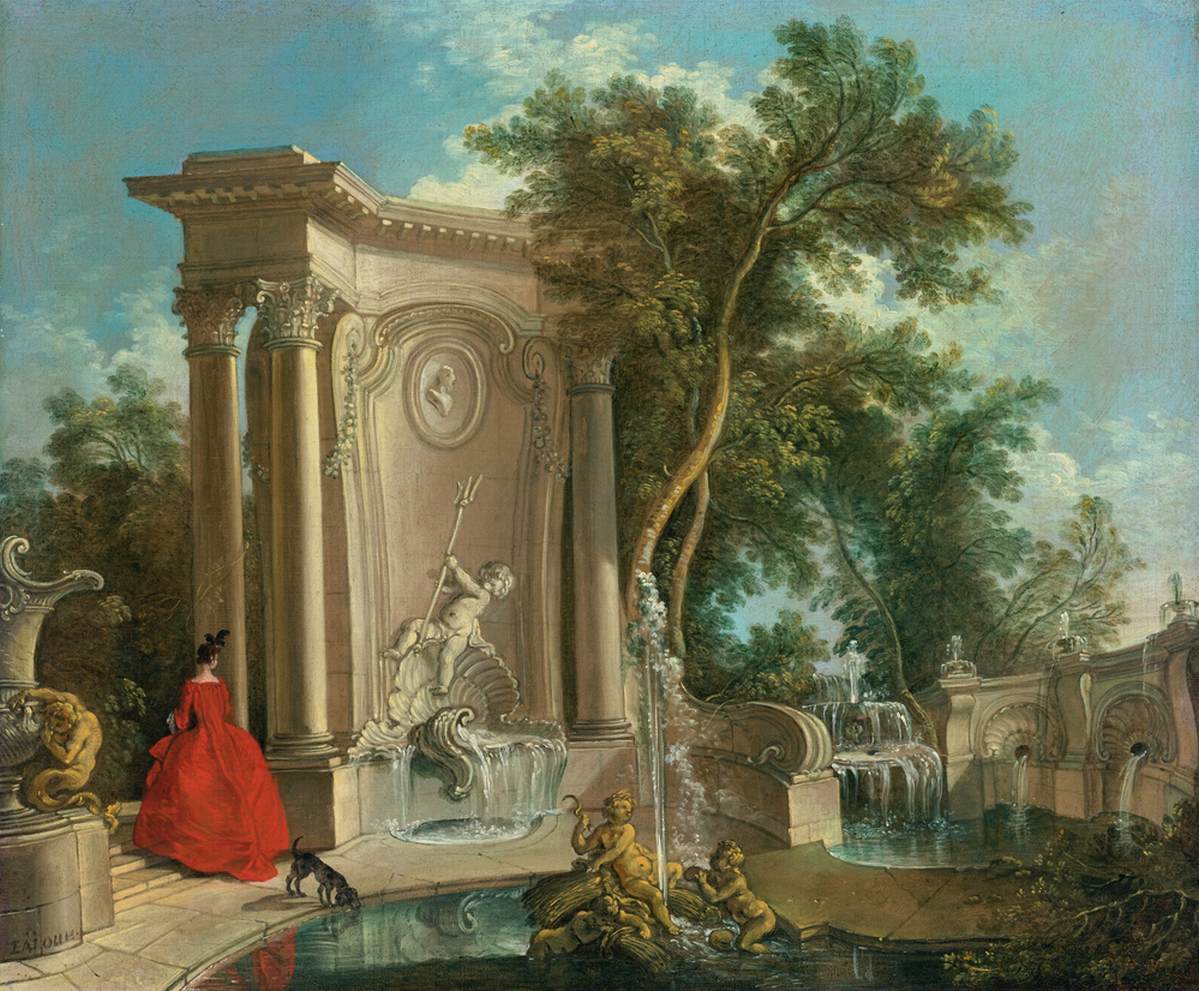 Widok ogrodu z fontannami