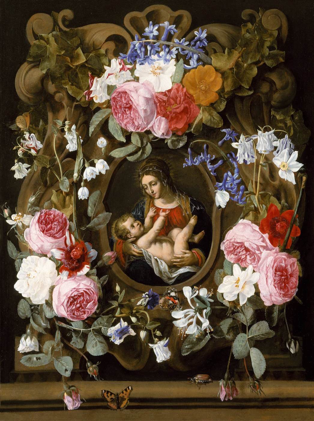 Guirlanda de flores com a Virgem e o Menino