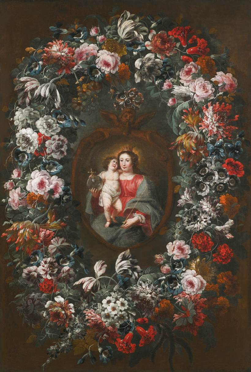 La vierge et l'enfant dans une guirlande florale