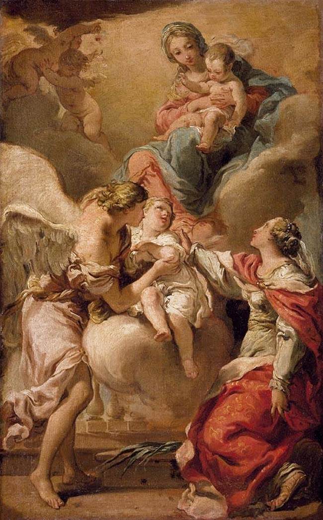 Santa Giustina et l'ange gardien recommandant l'âme d'un bébé à la Vierge et à l'enfant