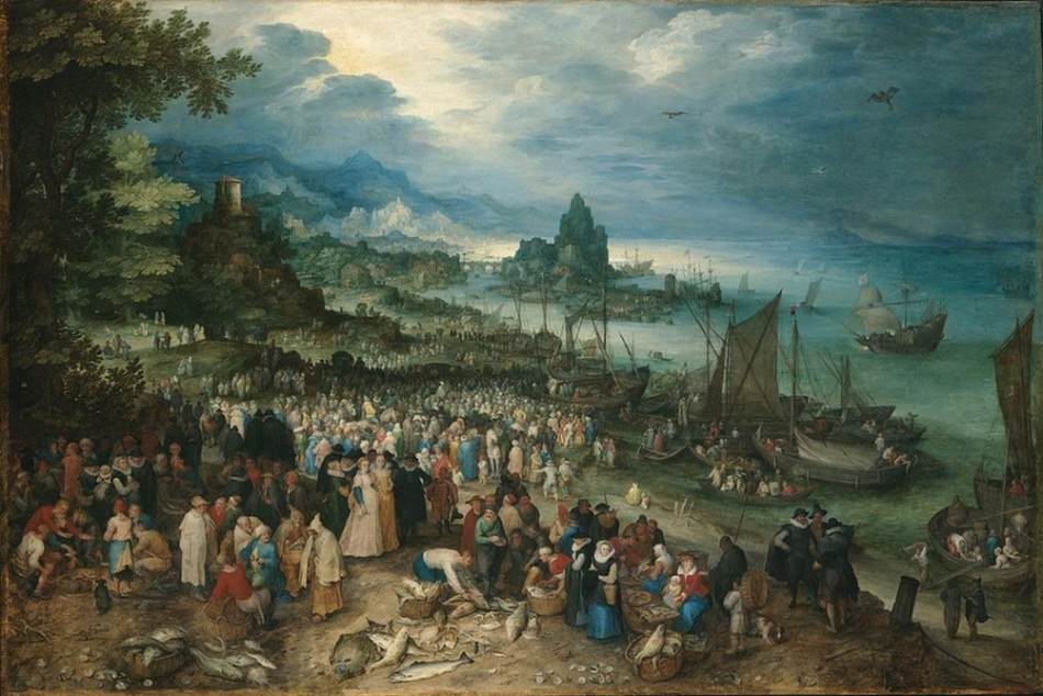 Scena del porto con Cristo predicare