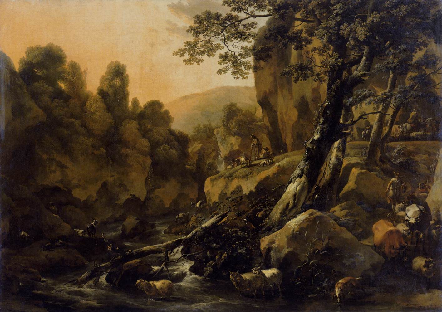 Shepherds and Herds at a Waterfall