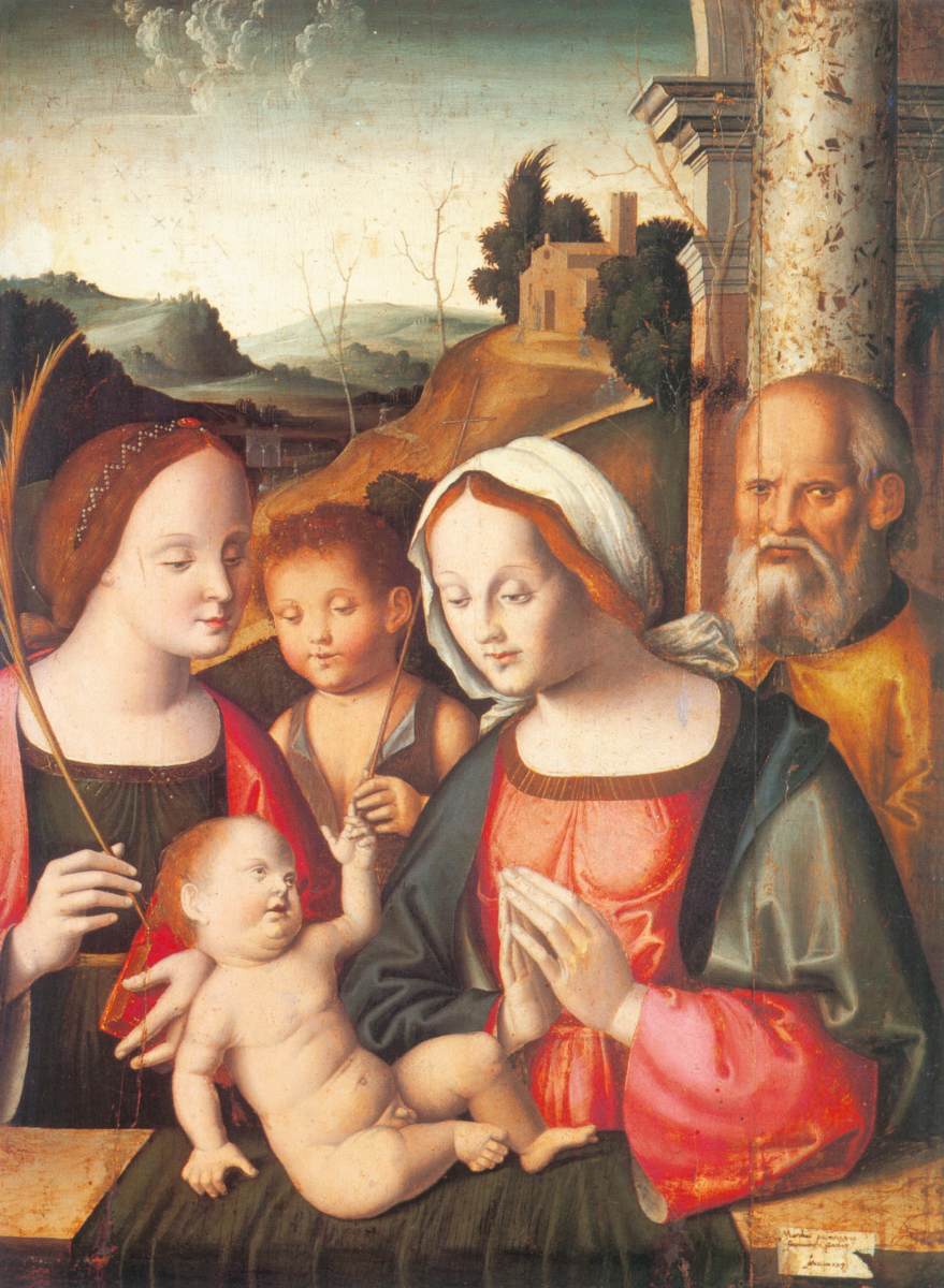 Santa Catalina de Alejandría ve Bebek Juan Bautista ile Sagrada Familia