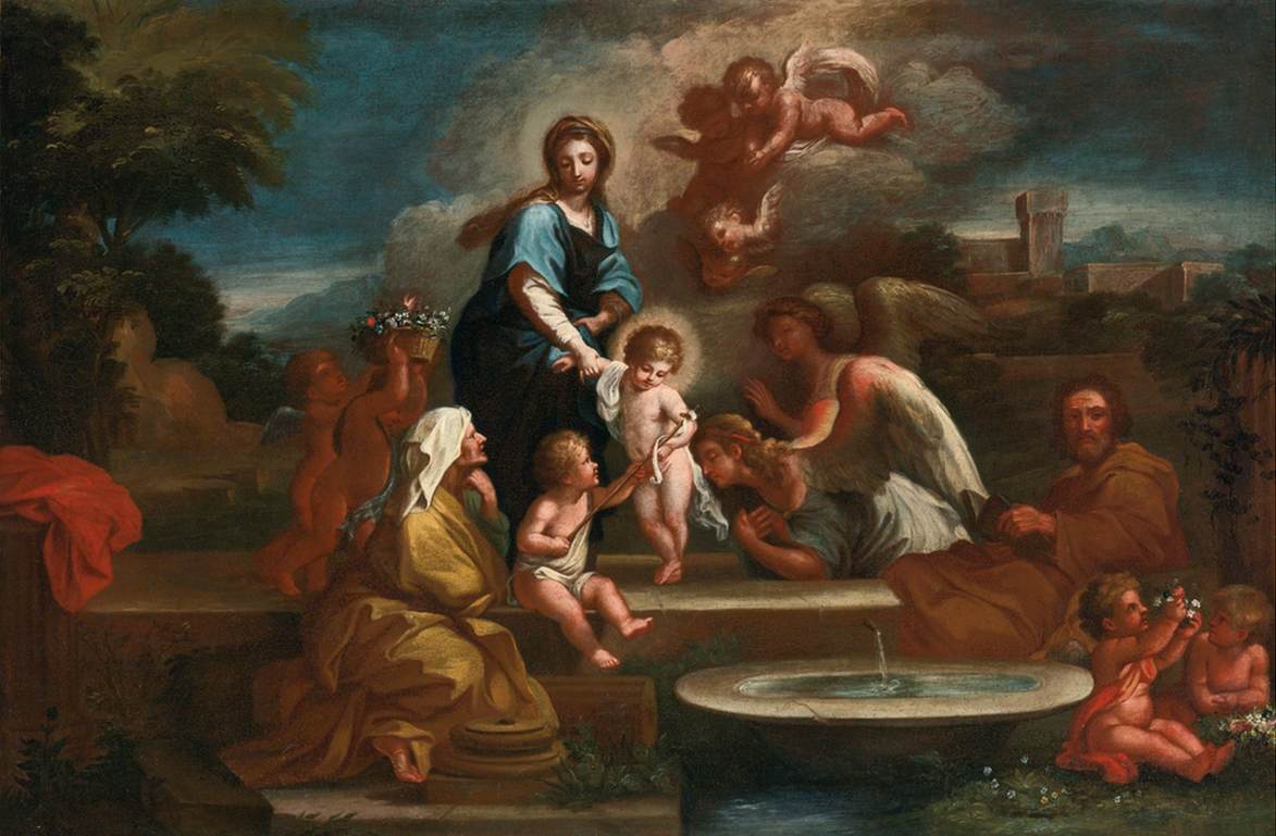 La famiglia sacra con angeli in un paesaggio