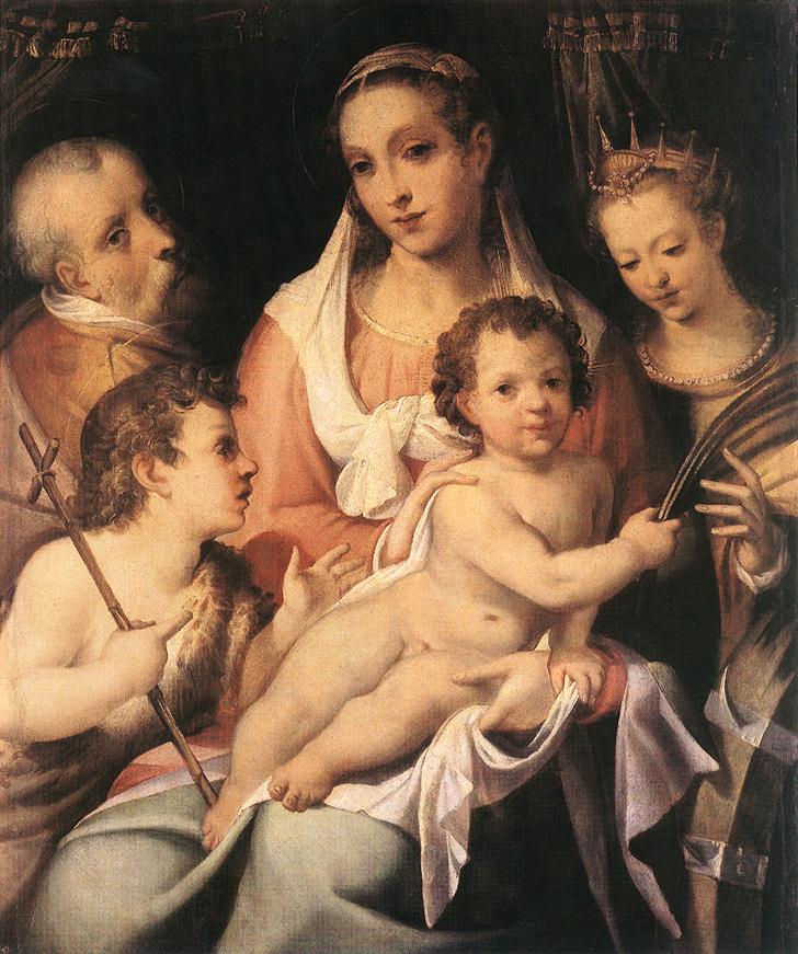 De Sagrada Familia met de baby San Juan Bautista en Santa Catalina de Alejandría