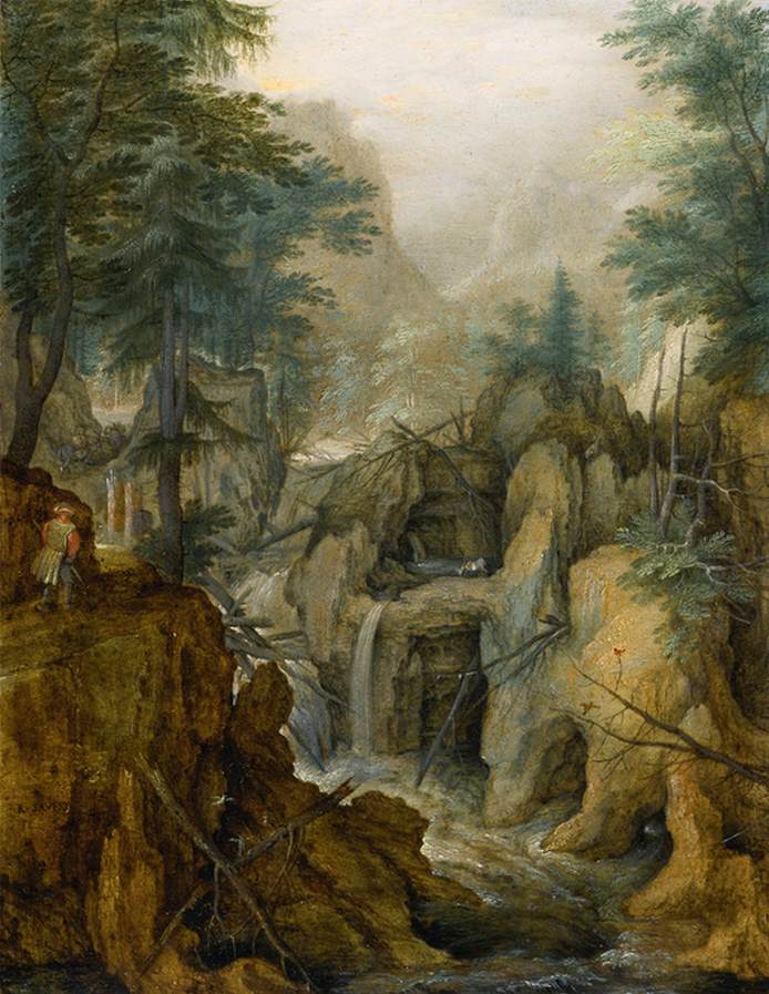 Paysage alpin avec torrent et chasseur