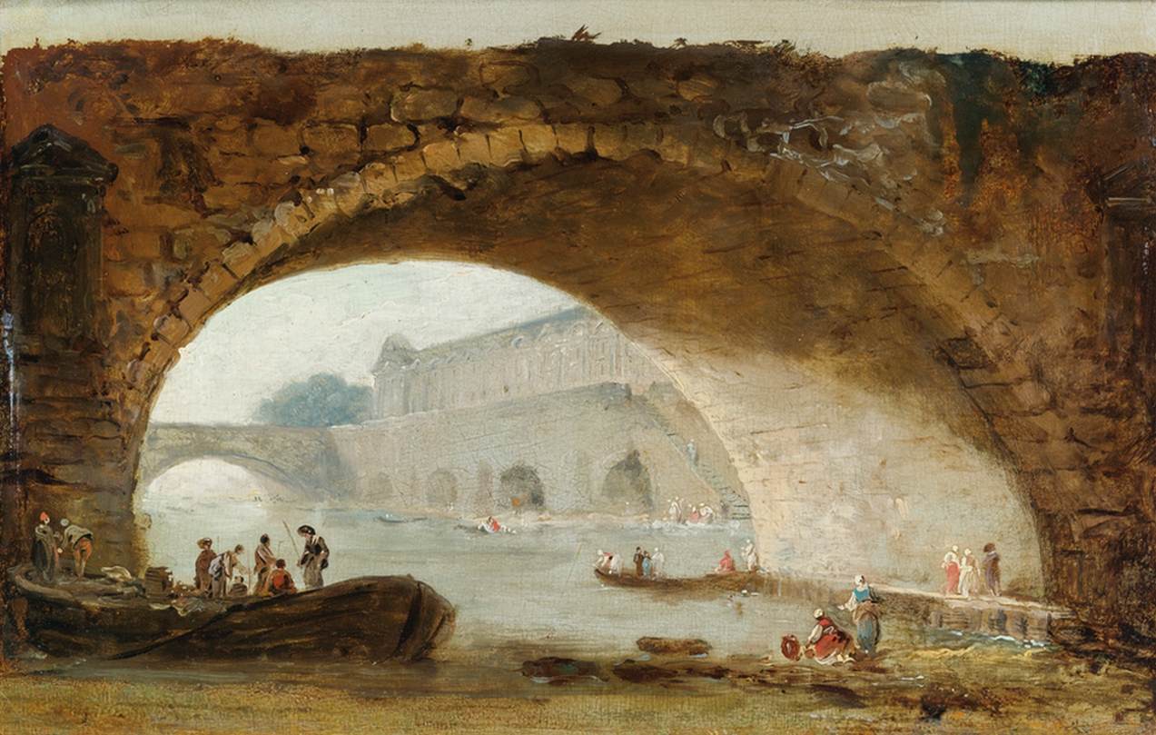 Denkbeeldig uitzicht op het Louvre door de boog van een brug