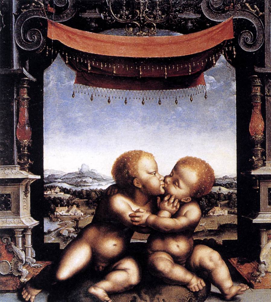 Os bebês Cristo e São João Batista se abraçando