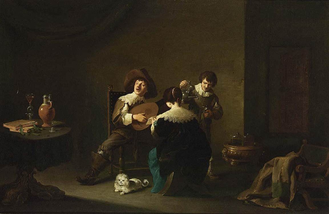 Interior com um cavaleiro tocando alaúde e uma senhora cantando
