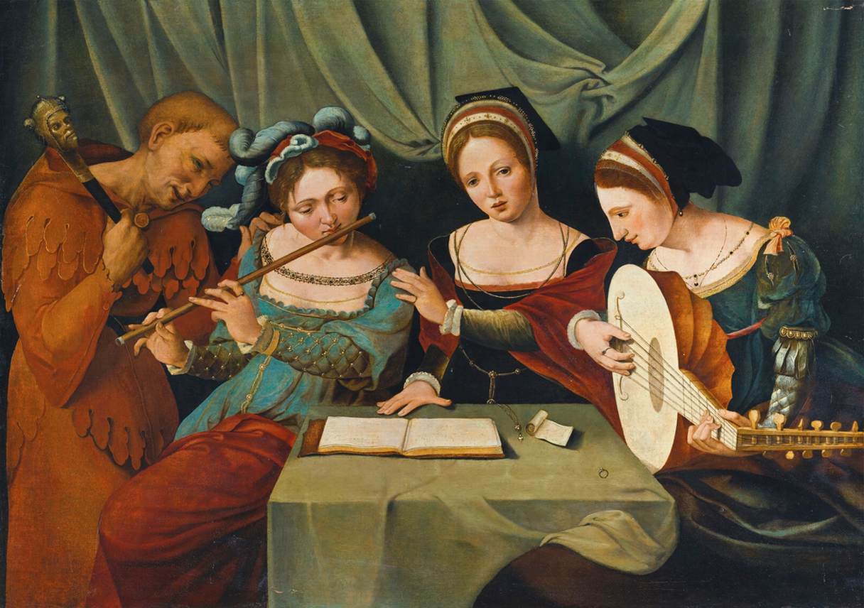 Three Young Women Playing Music with a Jester