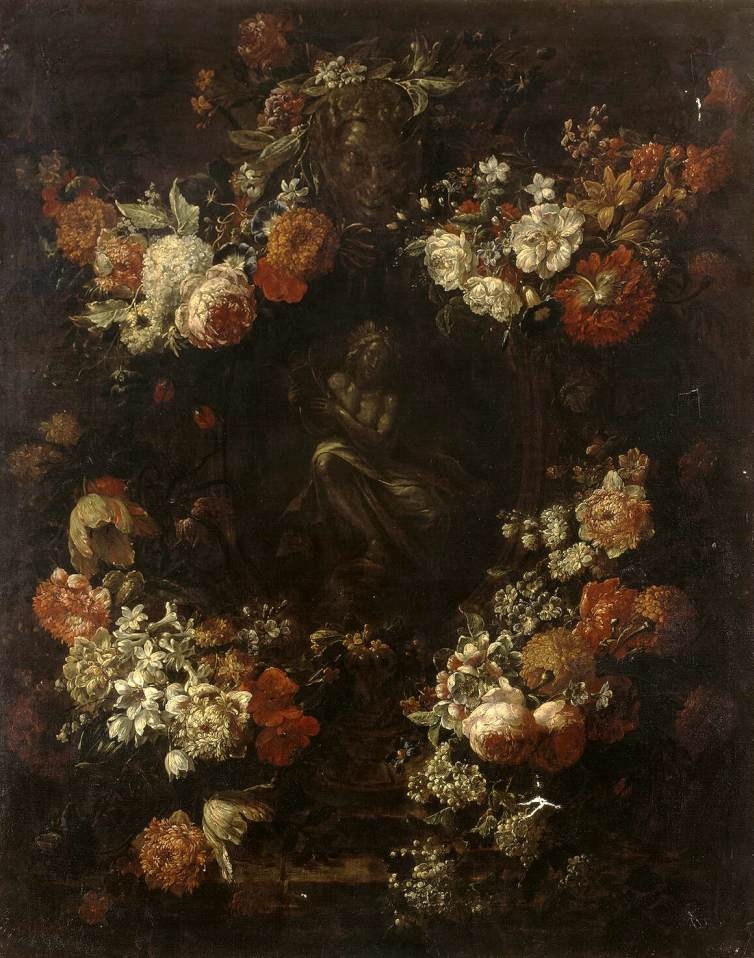 Apollo Kitharas toalettbord inramat med en blommor girland
