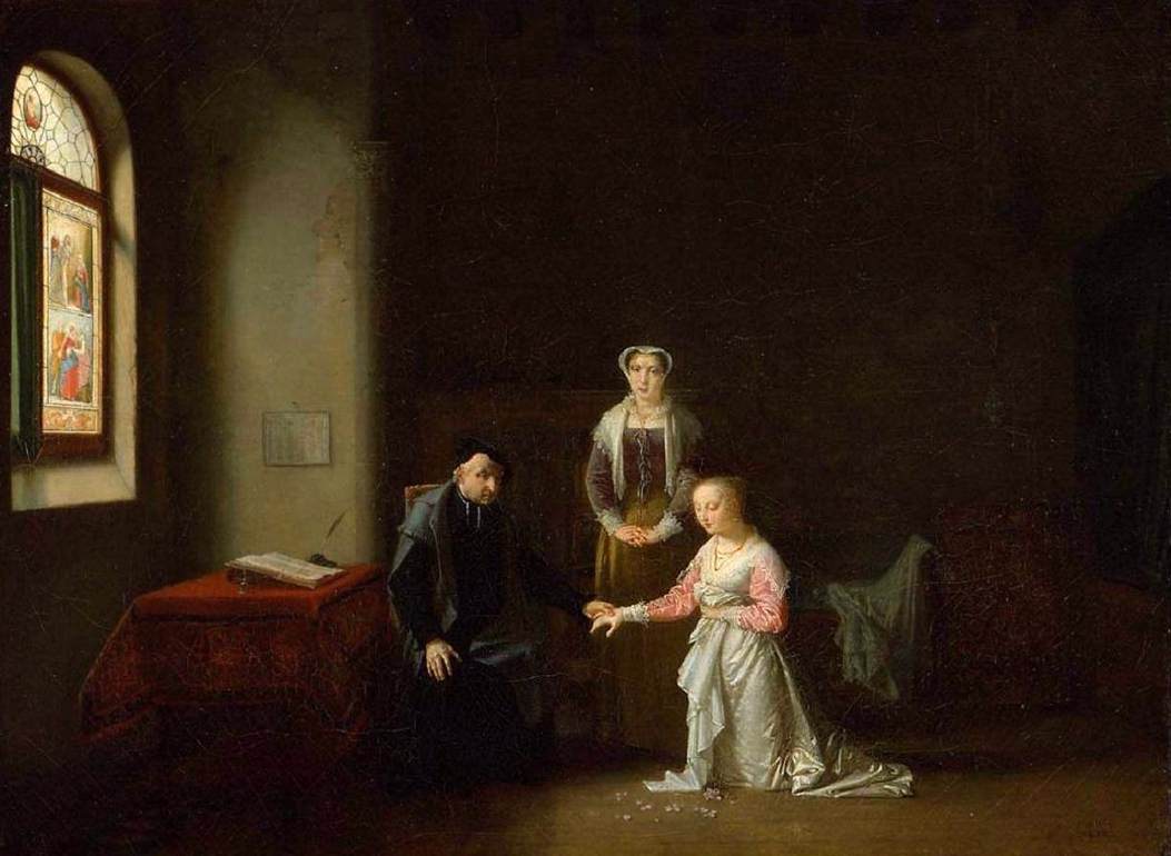 Young Woman Kneeling Before a Priest