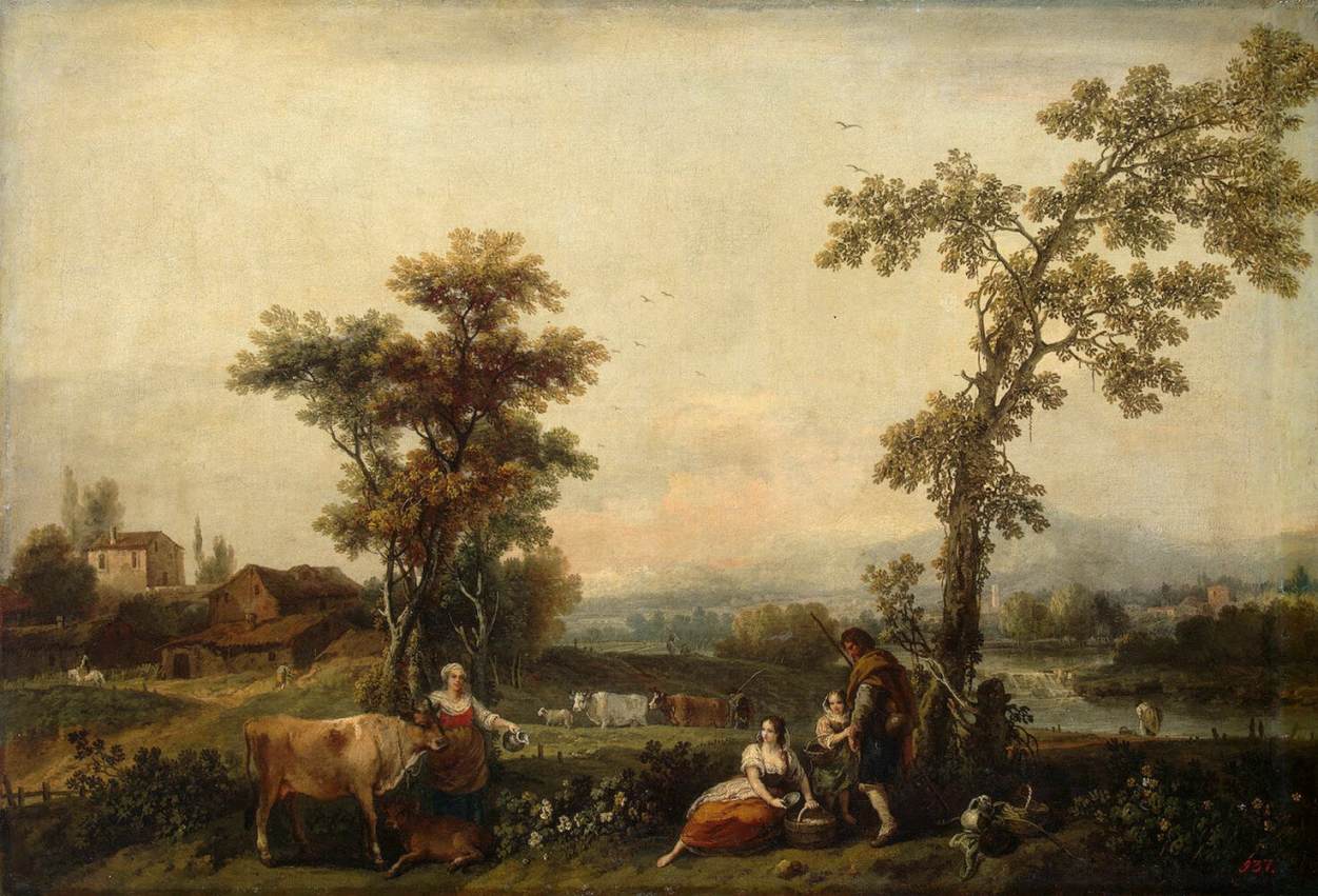 Landschaft mit einer Frau, die eine Kuh führt