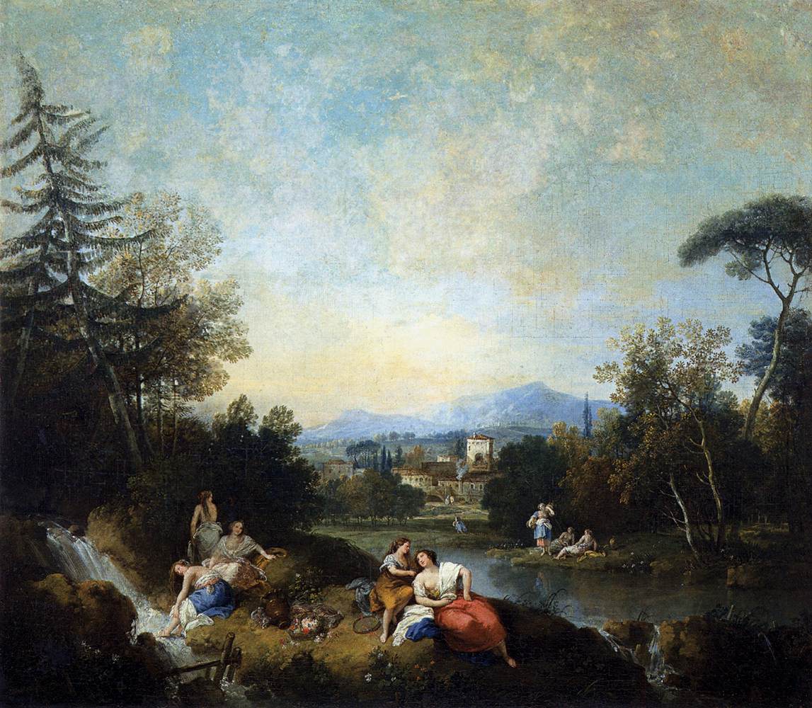 Paesaggio con ragazze nel fiume