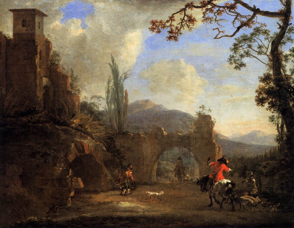 Paysage avec ruines et fête de chasse