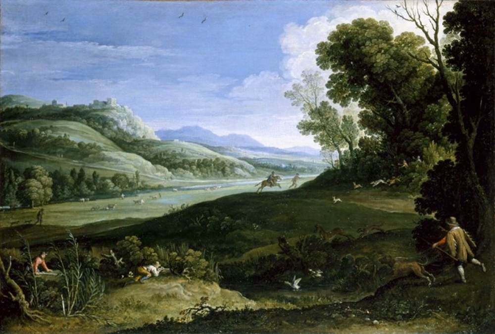 Paysage avec des chasseurs qui coulent un lièvre