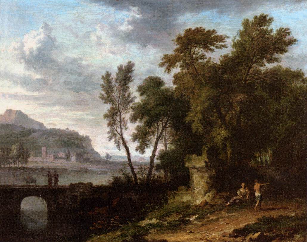 Krajobraz z ruiną i mostem