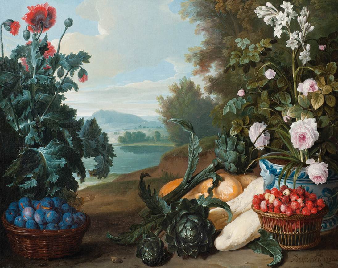 Frutas, flores e vegetais em uma paisagem