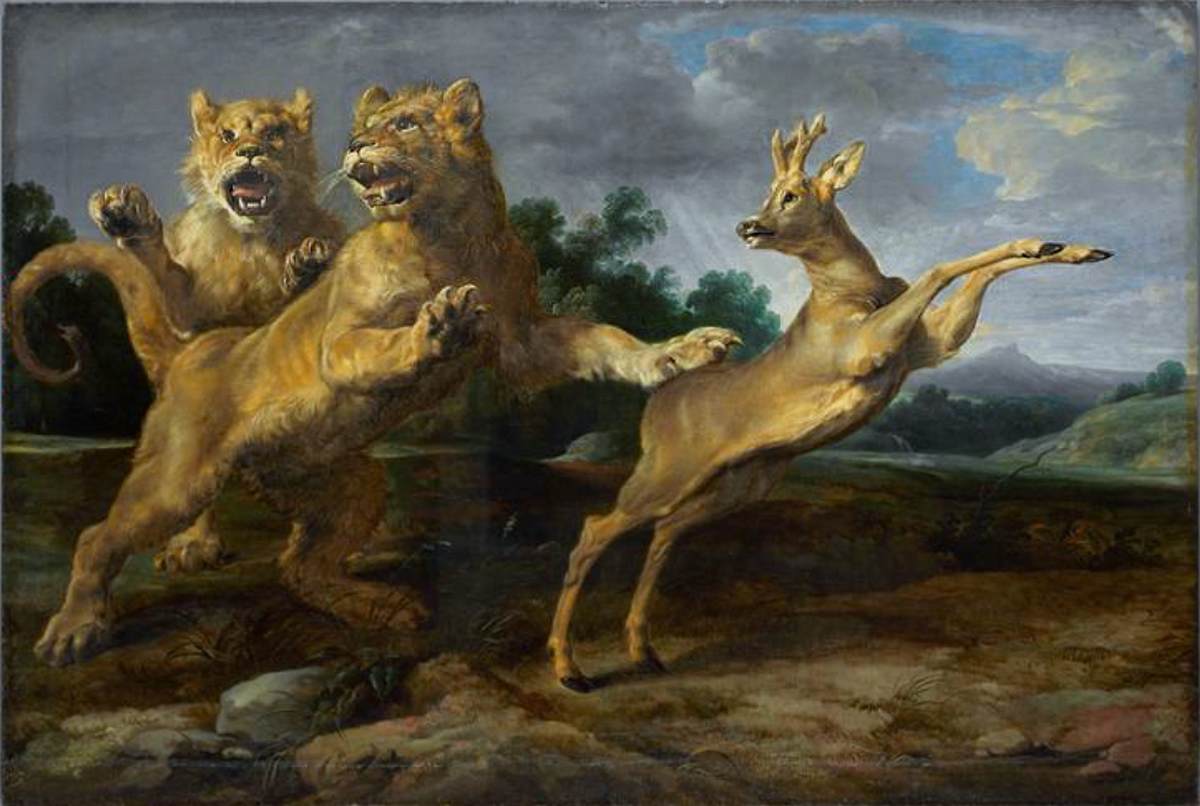 Two Young Lions Chasing a Roe