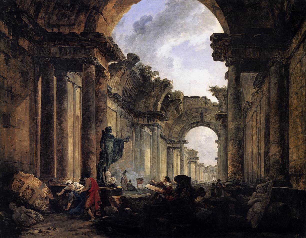 Wyimaginowany widok wielkiej galerii w Luwrze w ruinach