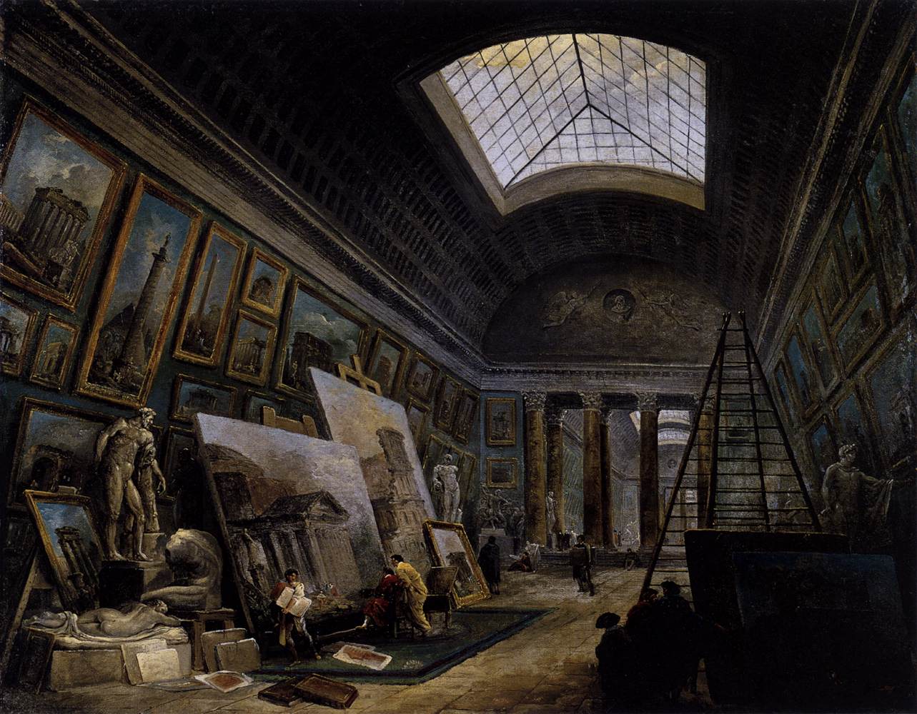 Wyimaginowany widok wielkiej galerii w Luwrze
