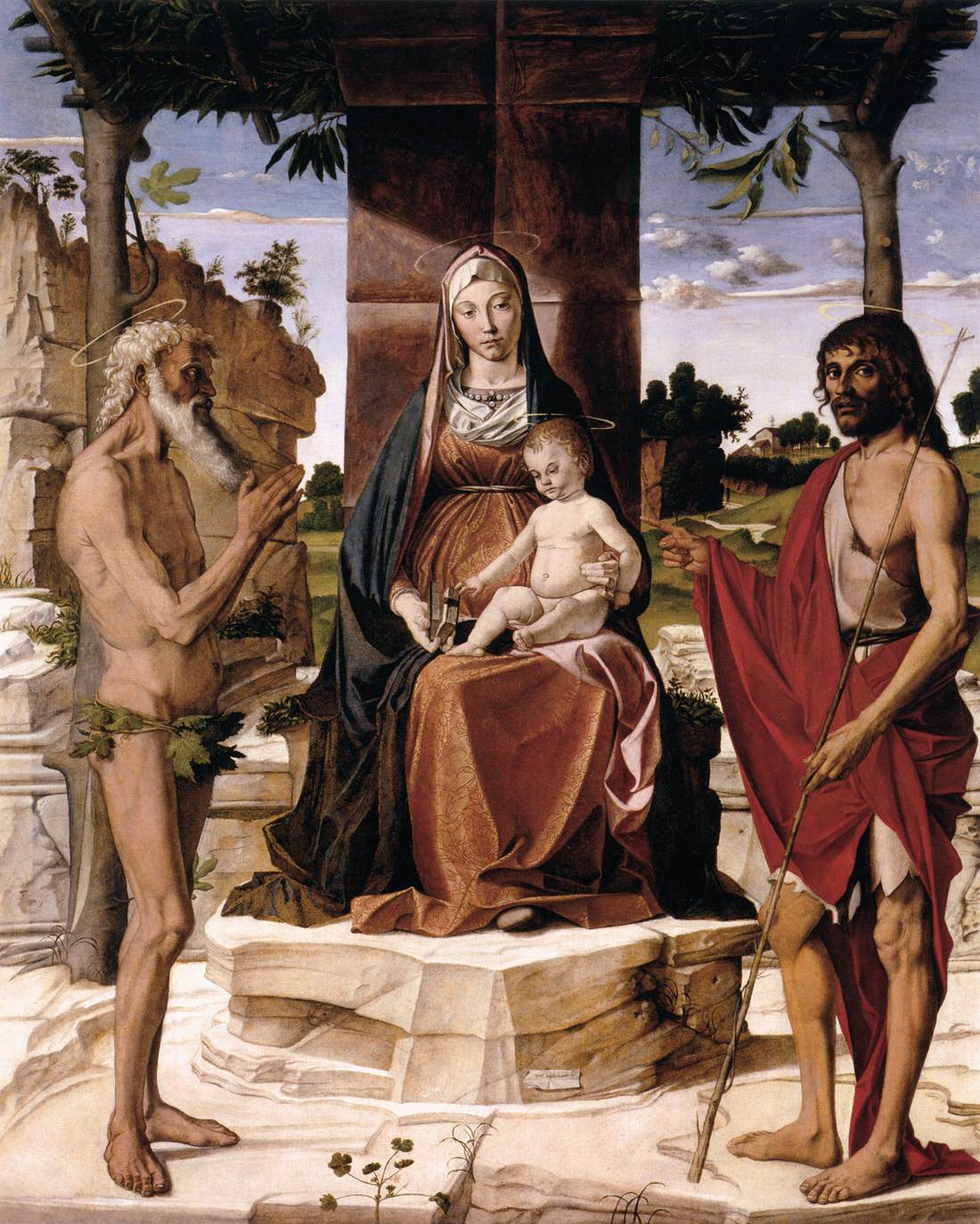 La Vergine e il bambino sotto una pergola con San Juan Bautista e San Onofrius
