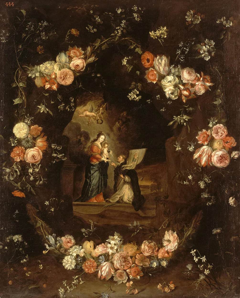 The Virgin with the Child and Saint Ildefonso Framed with a Garland of Flowers