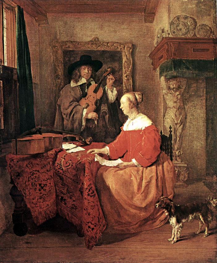 Une femme assise sur une table et un homme se connecte dans un violon