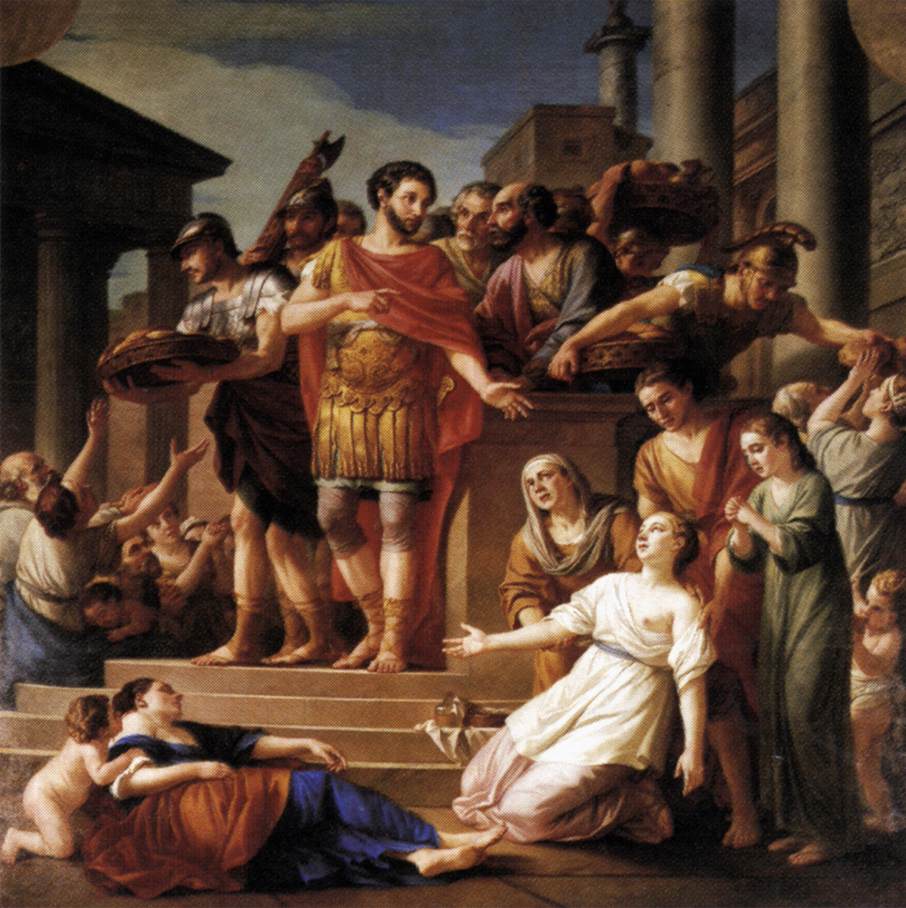 Marco Aurelio distribuerer brød til mennesker
