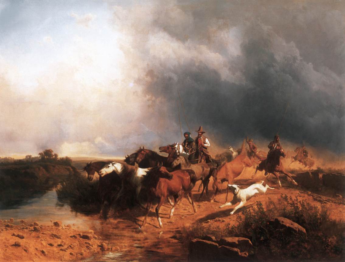 Paysage italien avec des chevaux de galop