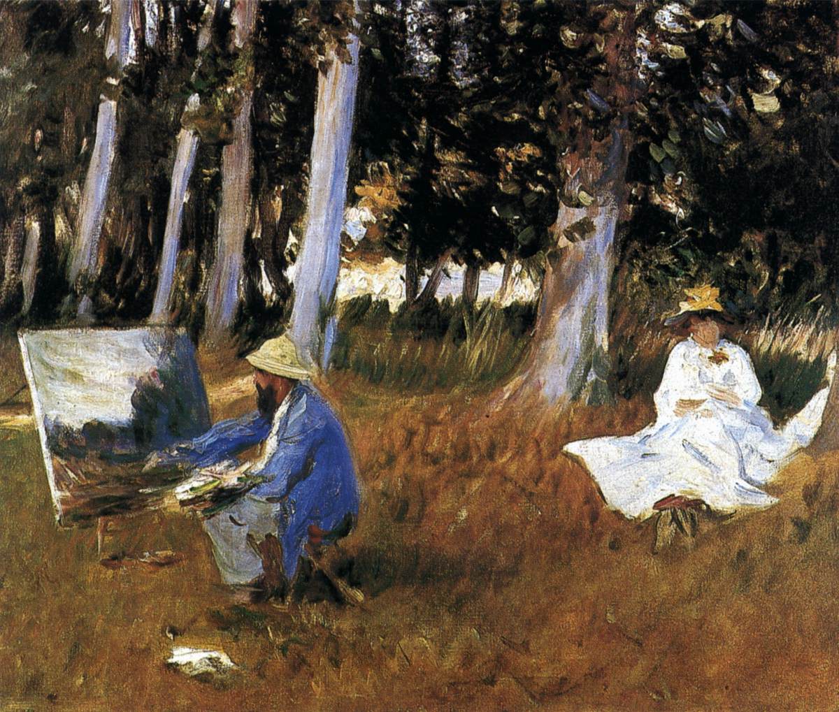 Claude Monet pintando na borda de uma madeira