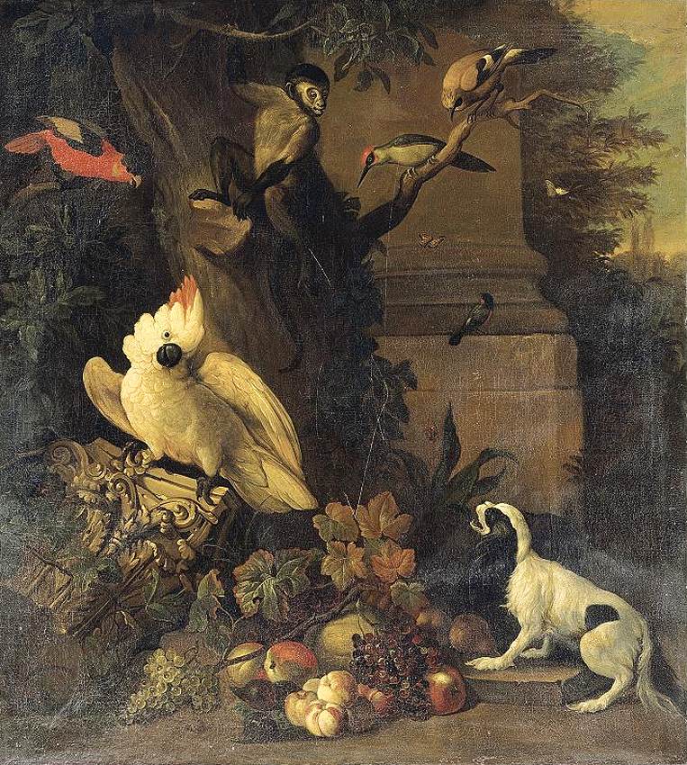 A Monkey, a Dog and Several Birds in a Landscape