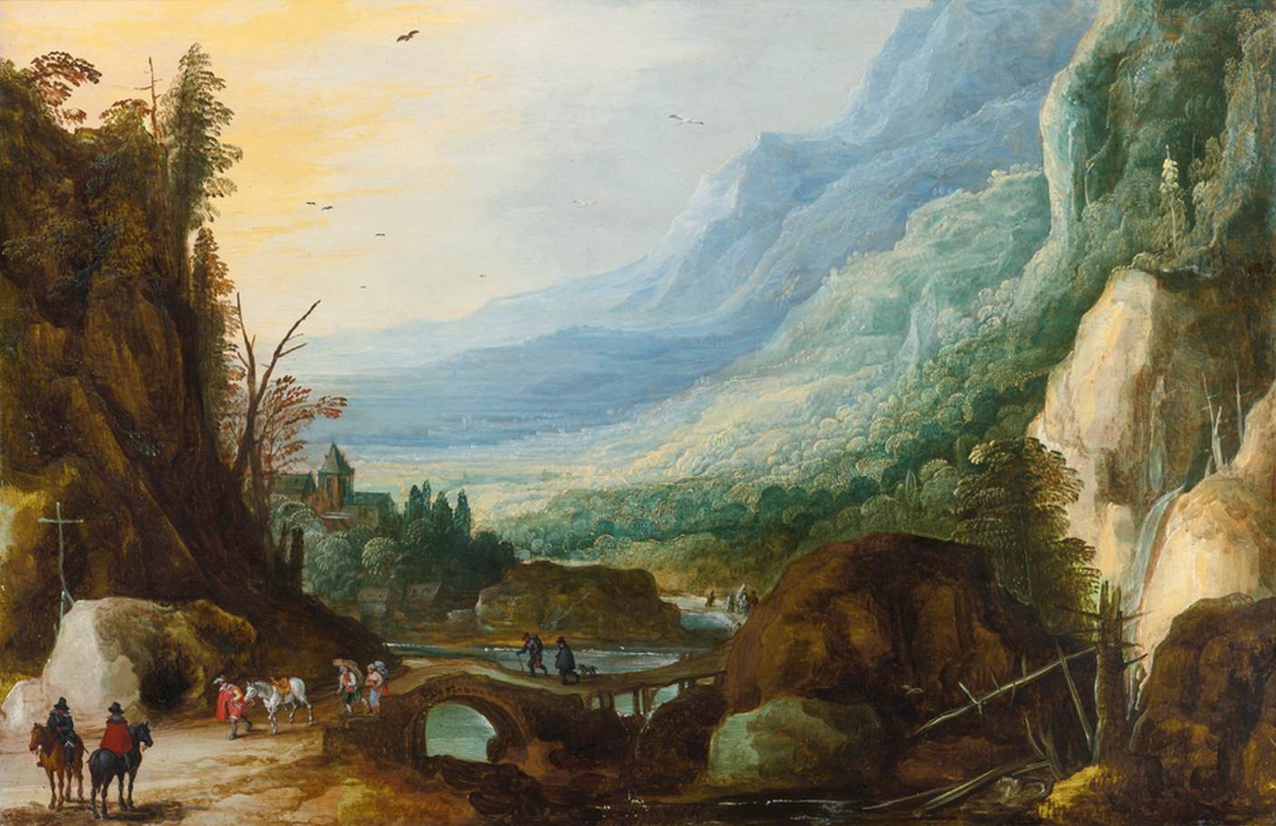 Paysage de montagne avec un pont à travers une rivière