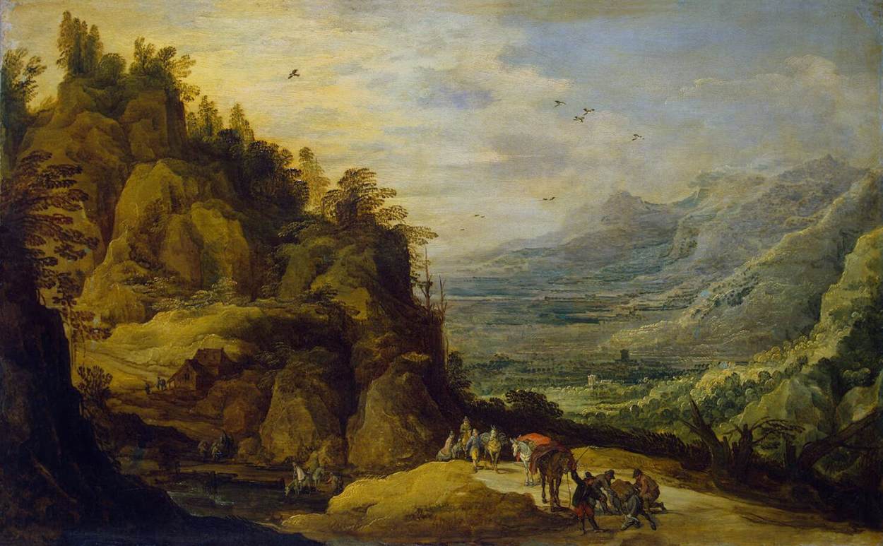Paesaggio di montagna con figure e un asino