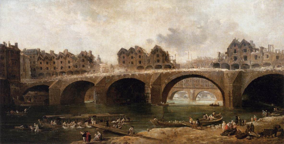 1786 में नोट्रे-डेम ब्रिज पर घरों का विध्वंस