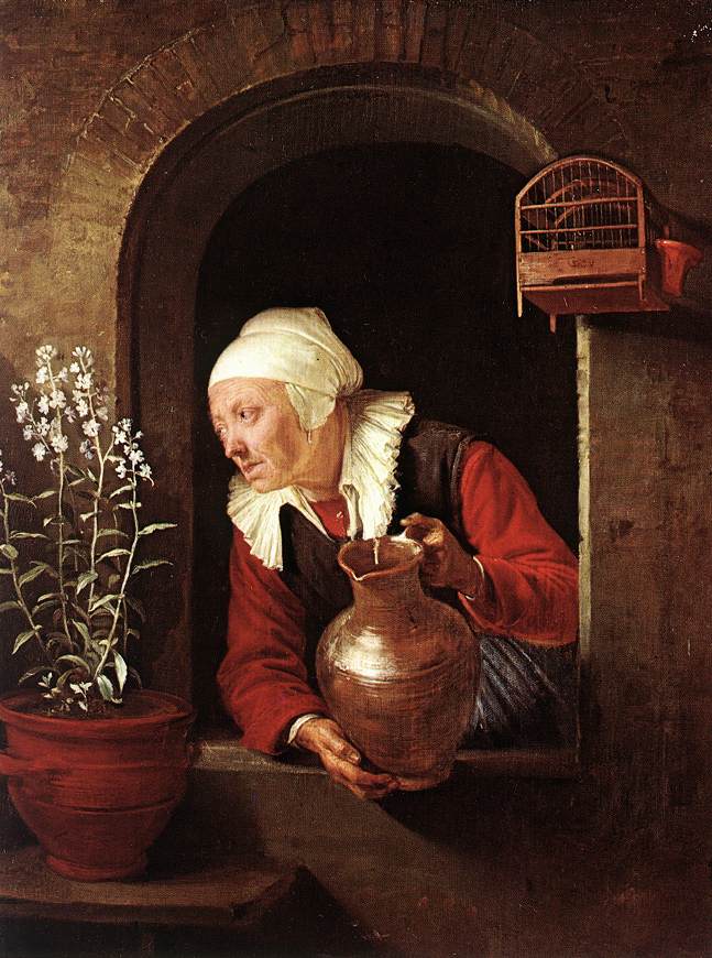 Alte Frau mit Blumen gießen