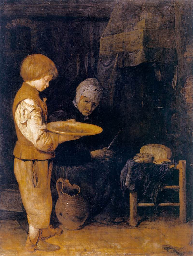 Anciana y el Niño Ante una Comida Frugal