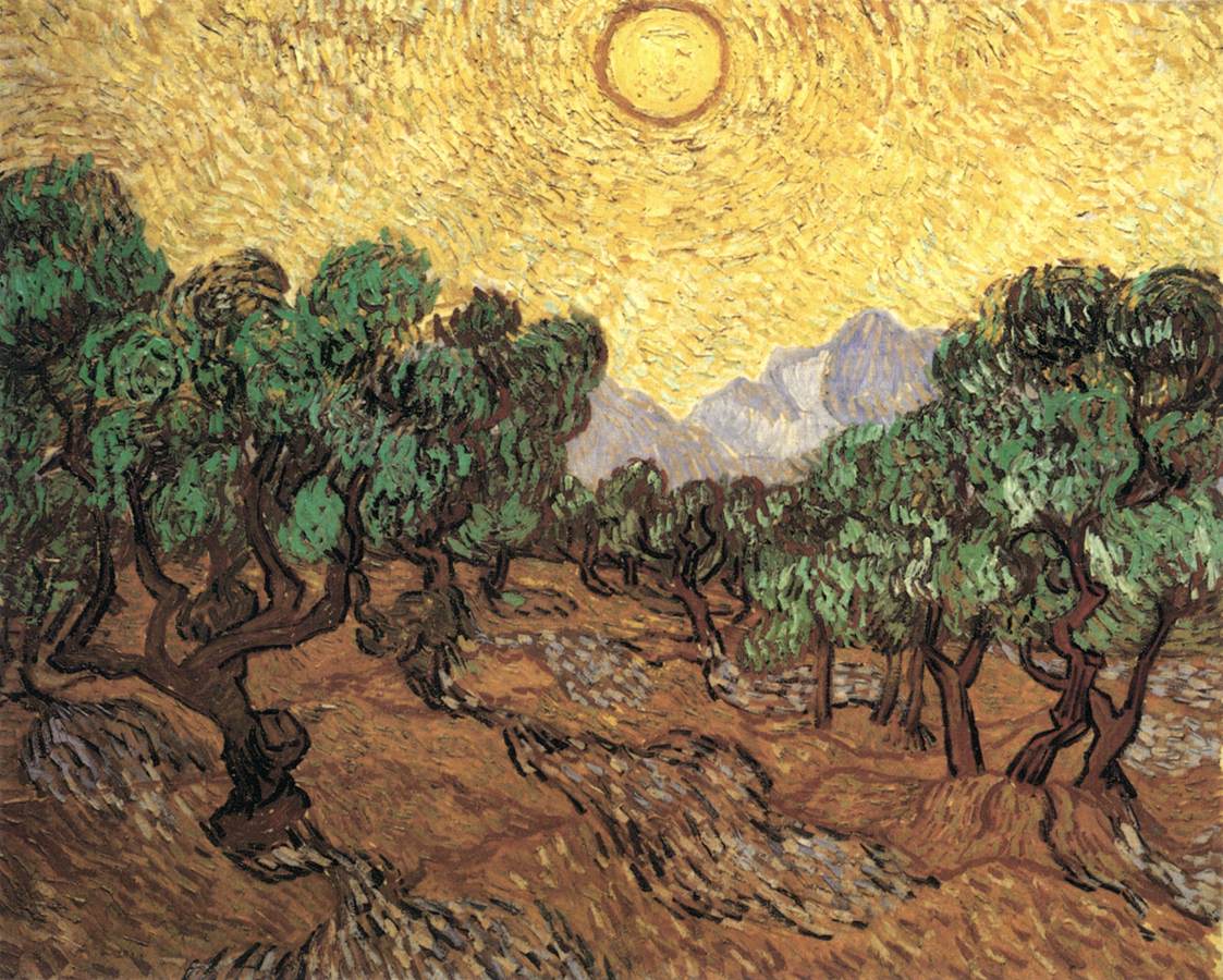 Olive Trees with Yellow Sky and Sun