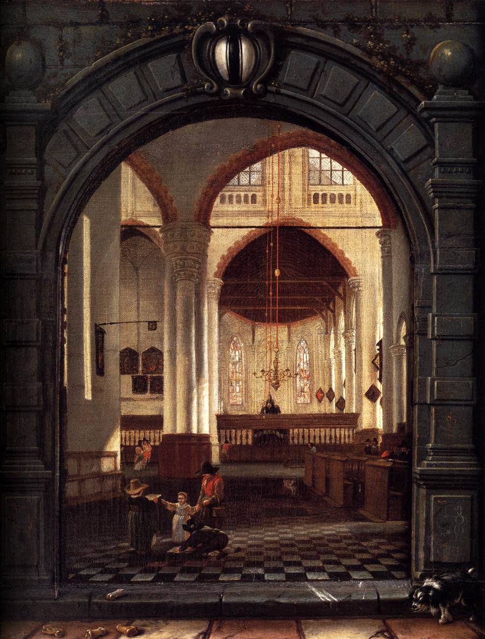 Intérieur de la kerk Oude, Delft, vu à travers un arc de pierre