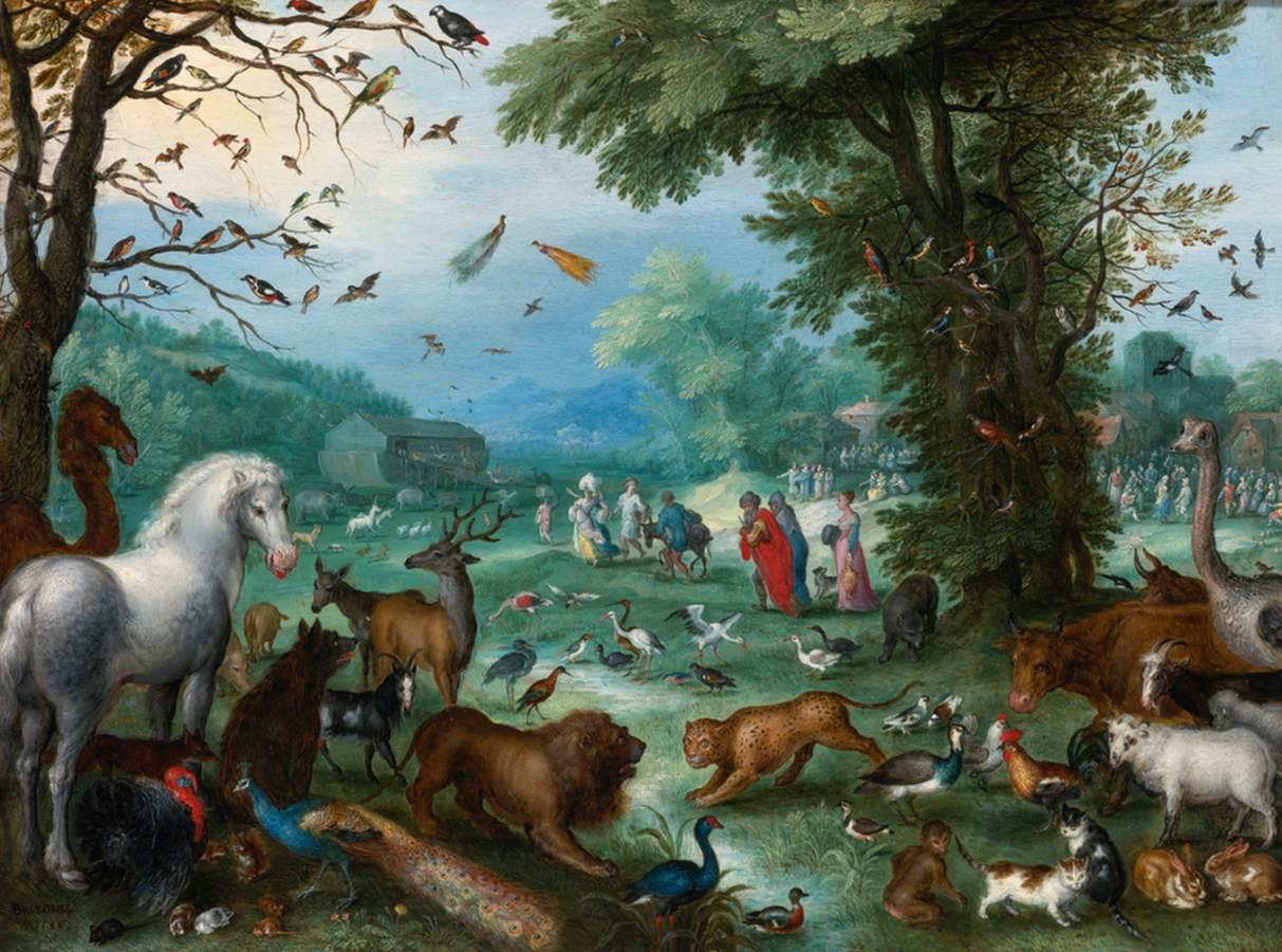 Paradiso paesaggio con animali che entrano nell'Arca di Noè