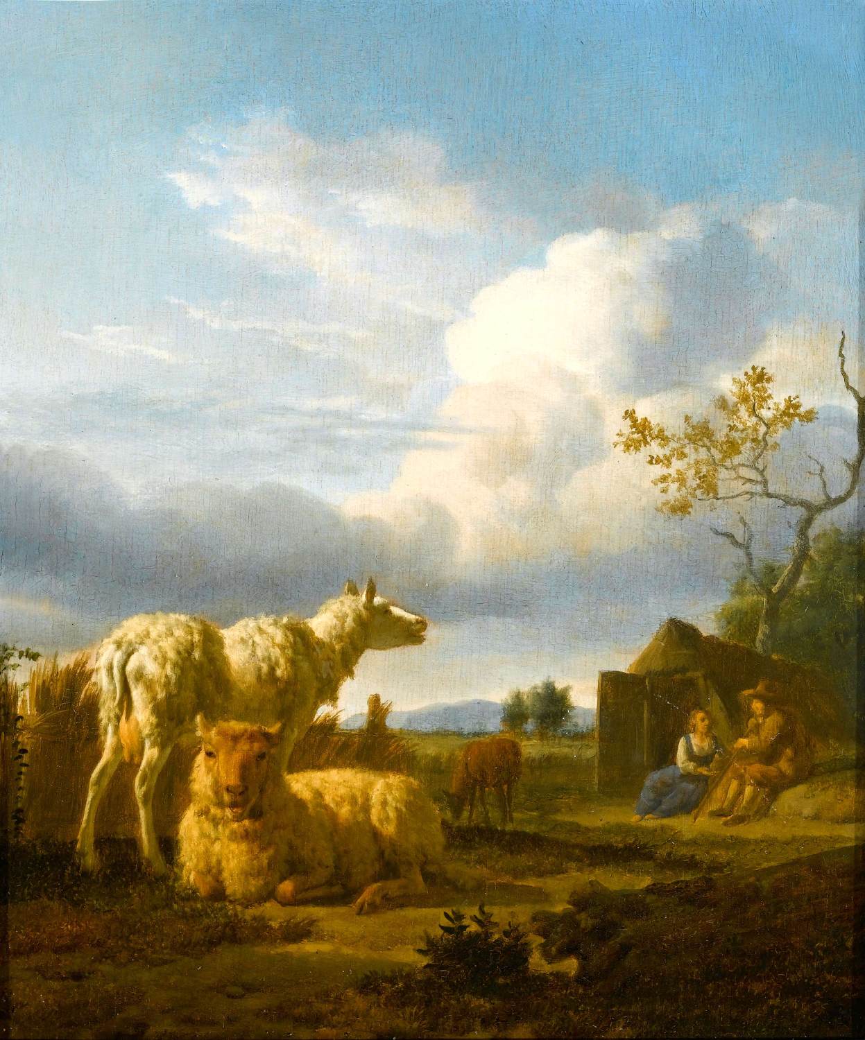 Pastoralt landskab med får og bønder