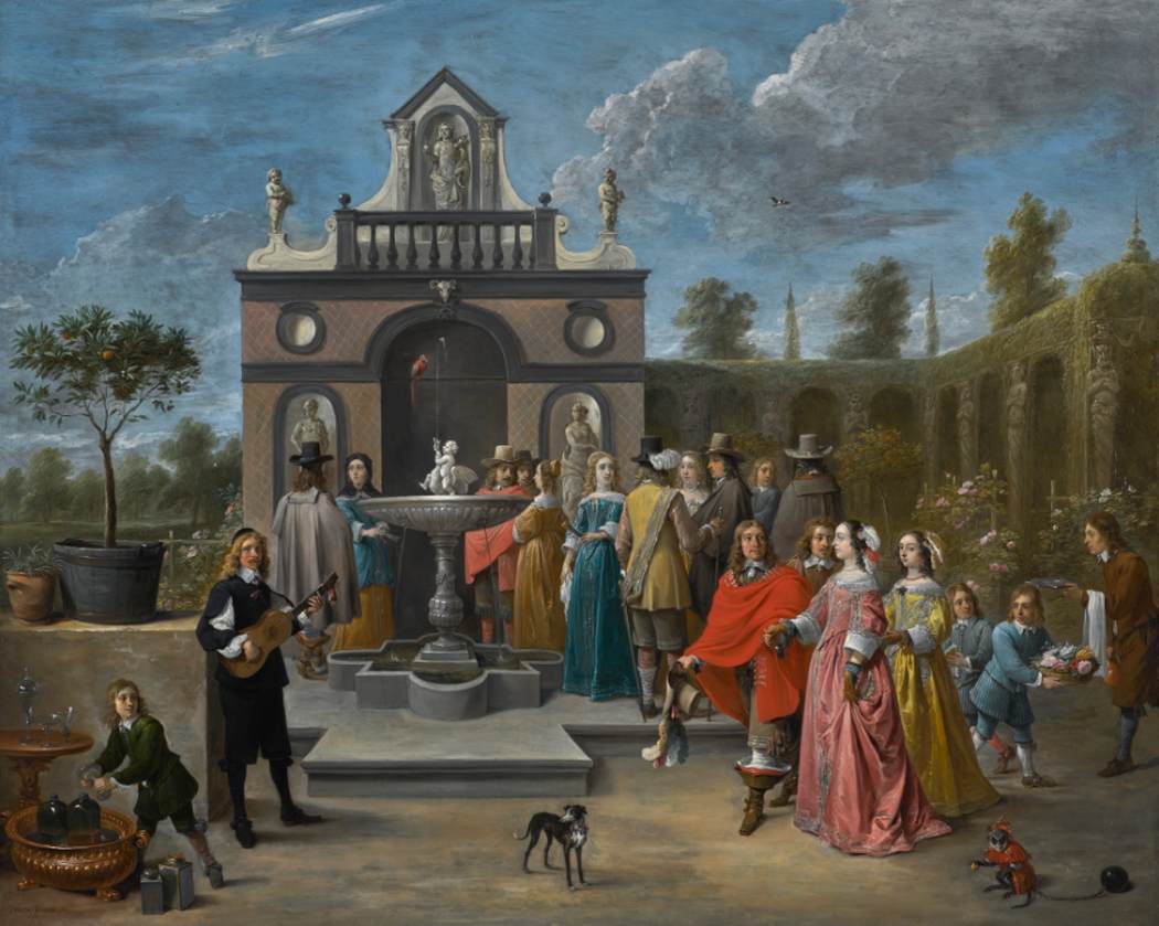 Un'elegante compagnia contro un padiglione in un giardino ornamentale