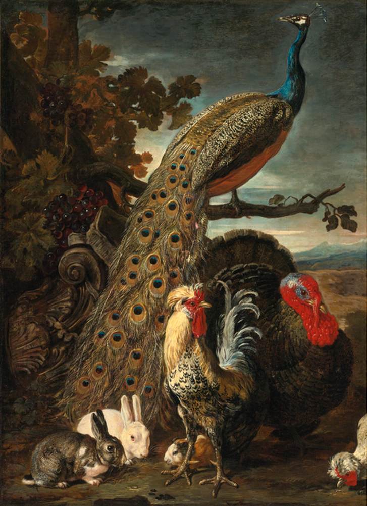 Peacock, Turkey, Rabbits and Cockerel in a Landscape