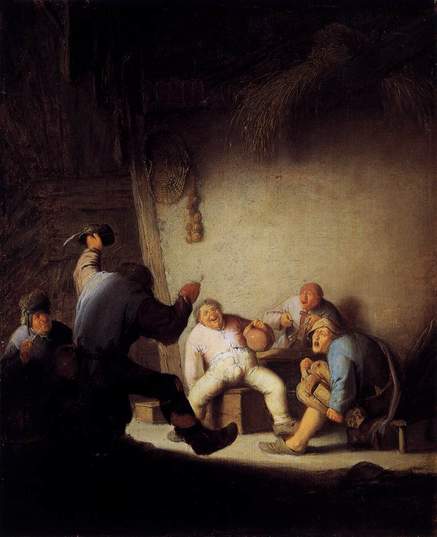 Farmers Drinking and Playing Music in a Barn