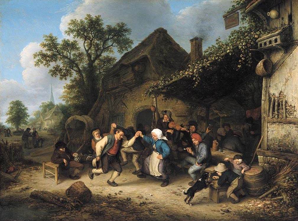 Country People Partying and Dancing Outside an Inn
